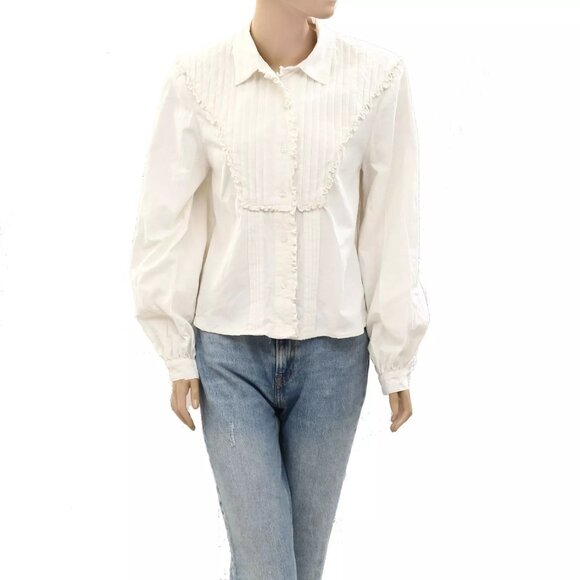 Free People Buttondown Solid Ruffle Shirt Blouse Top Long Sleeve XS NEW 271118 - Picture 1 of 5